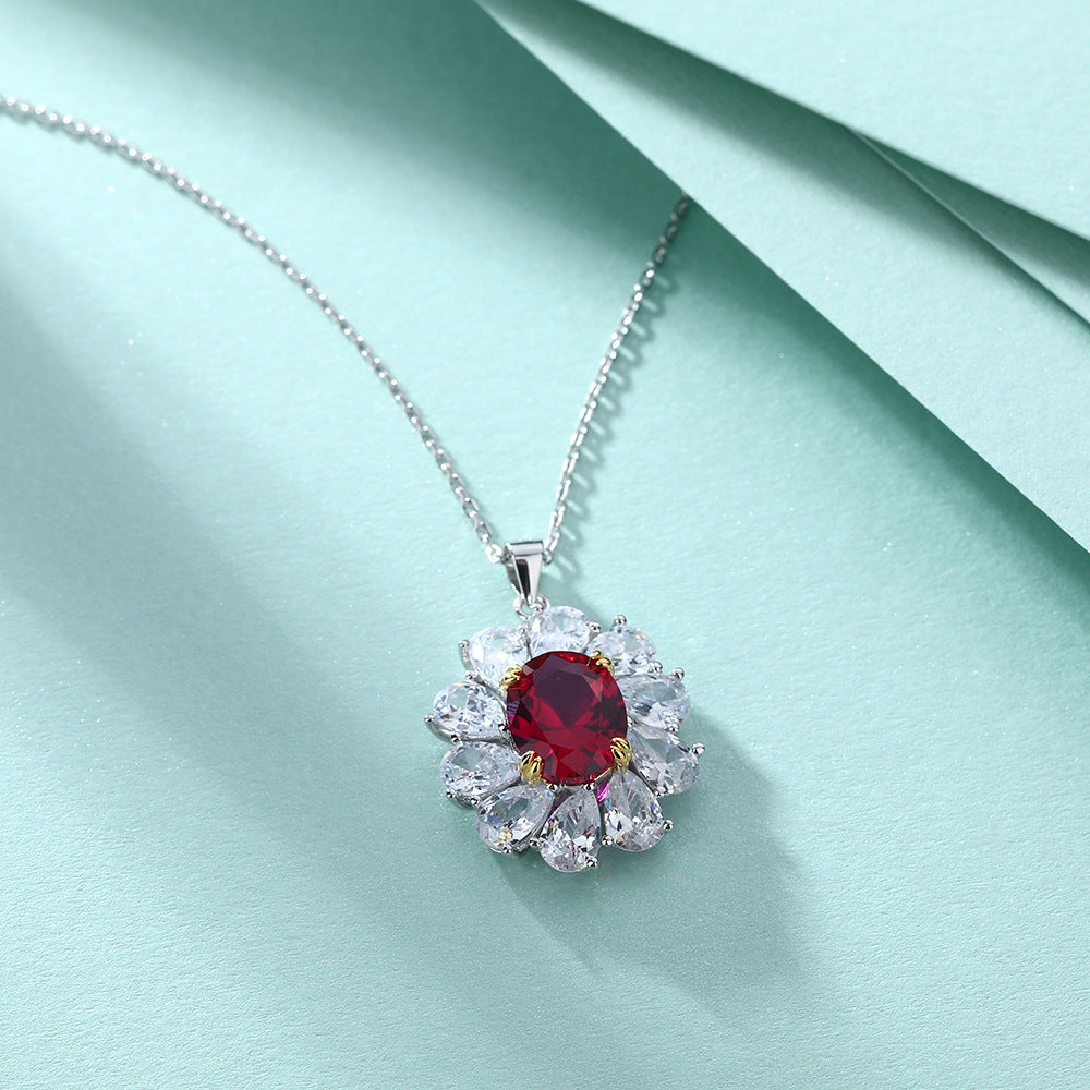 Oval Red Zircon Flower Shape Pendant Silver Necklace for Women