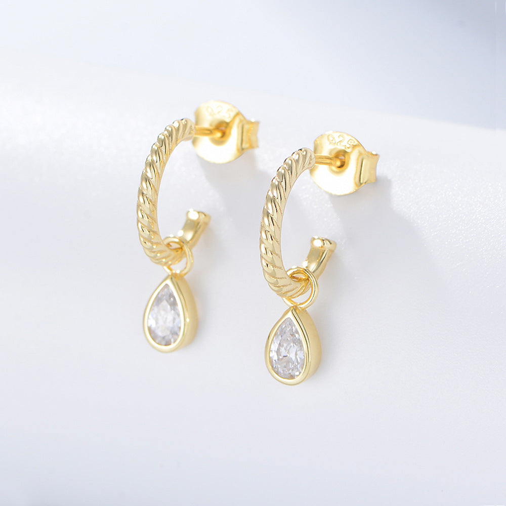 Water Drop Zircon C-shaped Silver Drop Earrings for Women