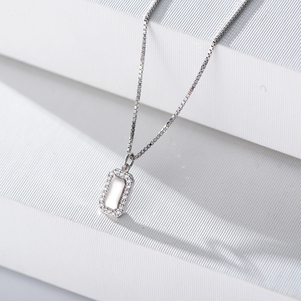 Smooth Rectangle with Zircon Soleste Halo Pendant Silver Necklace for Women