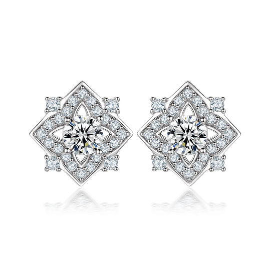 Four-leaf Clover with Round Zircon Silver Studs Earrings for Women