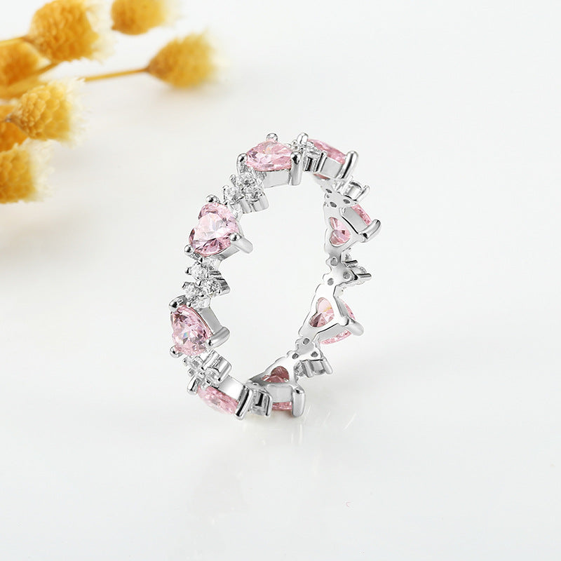 Full Circle Heart-shape Pink Zircon Silver Ring for Women