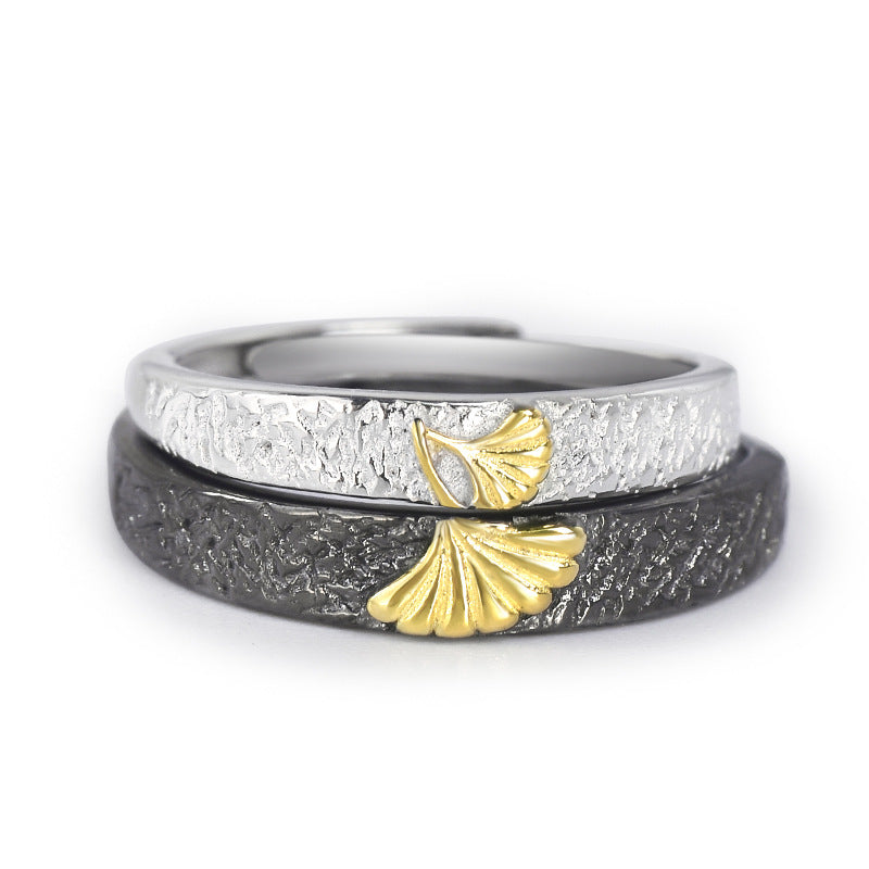 Ginkgo Leaf Pleated Texture Silver Couple Ring for Women