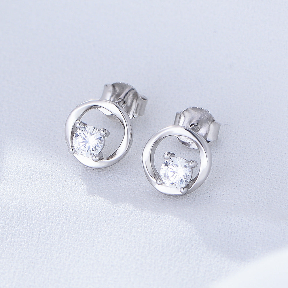 Geometric Hollow Circle with Round Zircon Silver Studs Earrings for Women