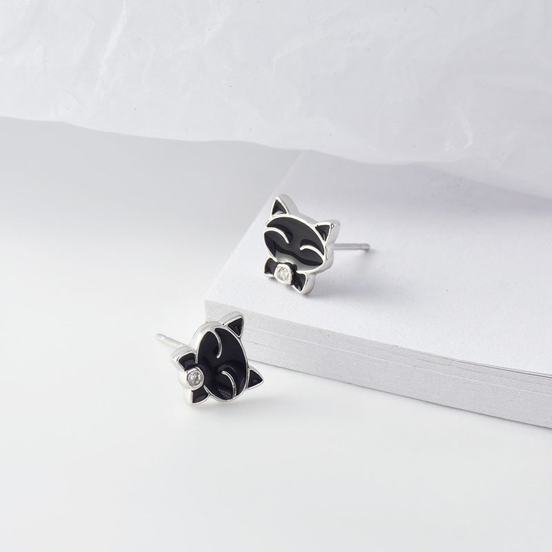 Black Kitten with Zircon Silver Stud Earrings for Women