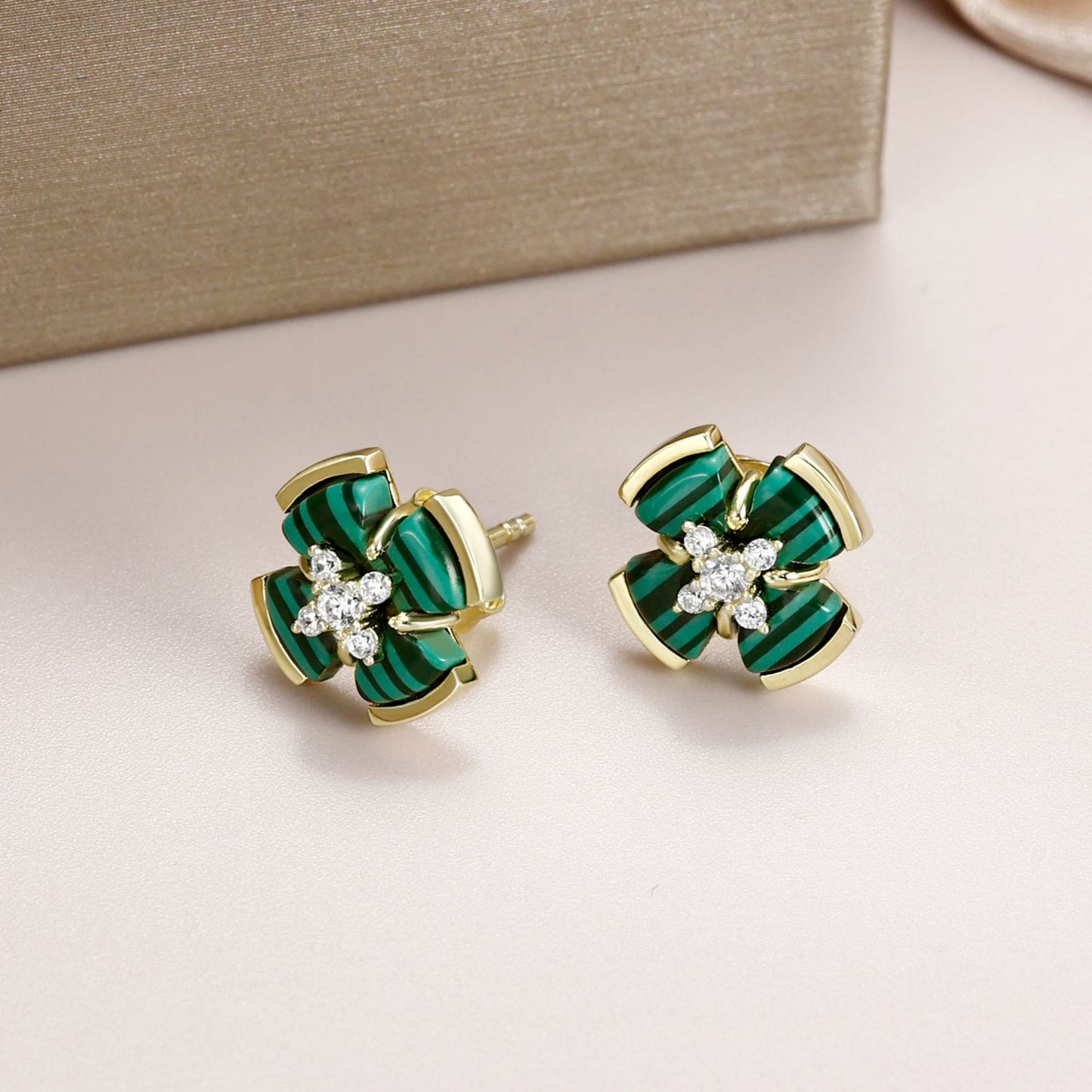 Malachite Windmill with Zircon Silver Studs Earrings for Women