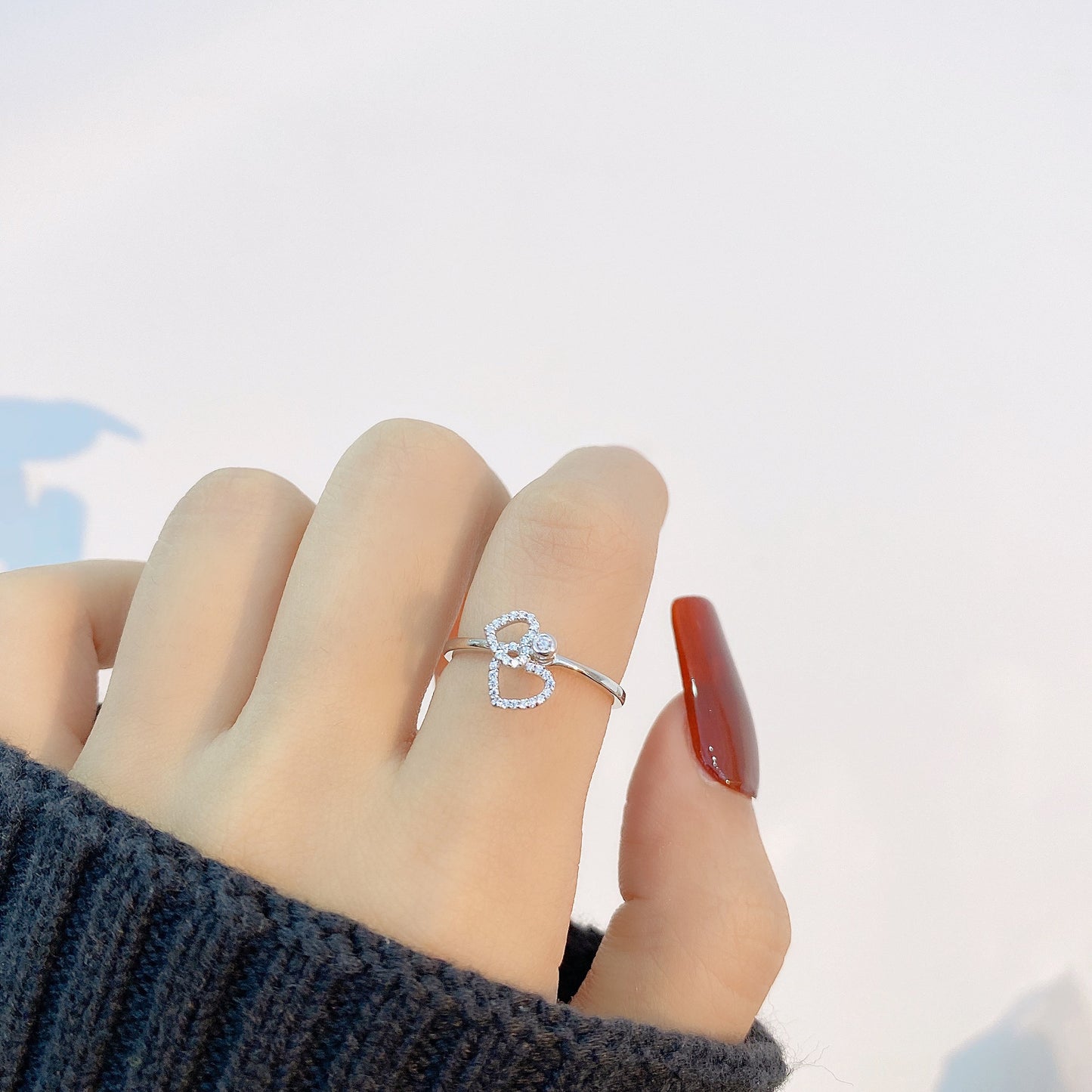 Rotatable Double Zircon Heart Silver Ring