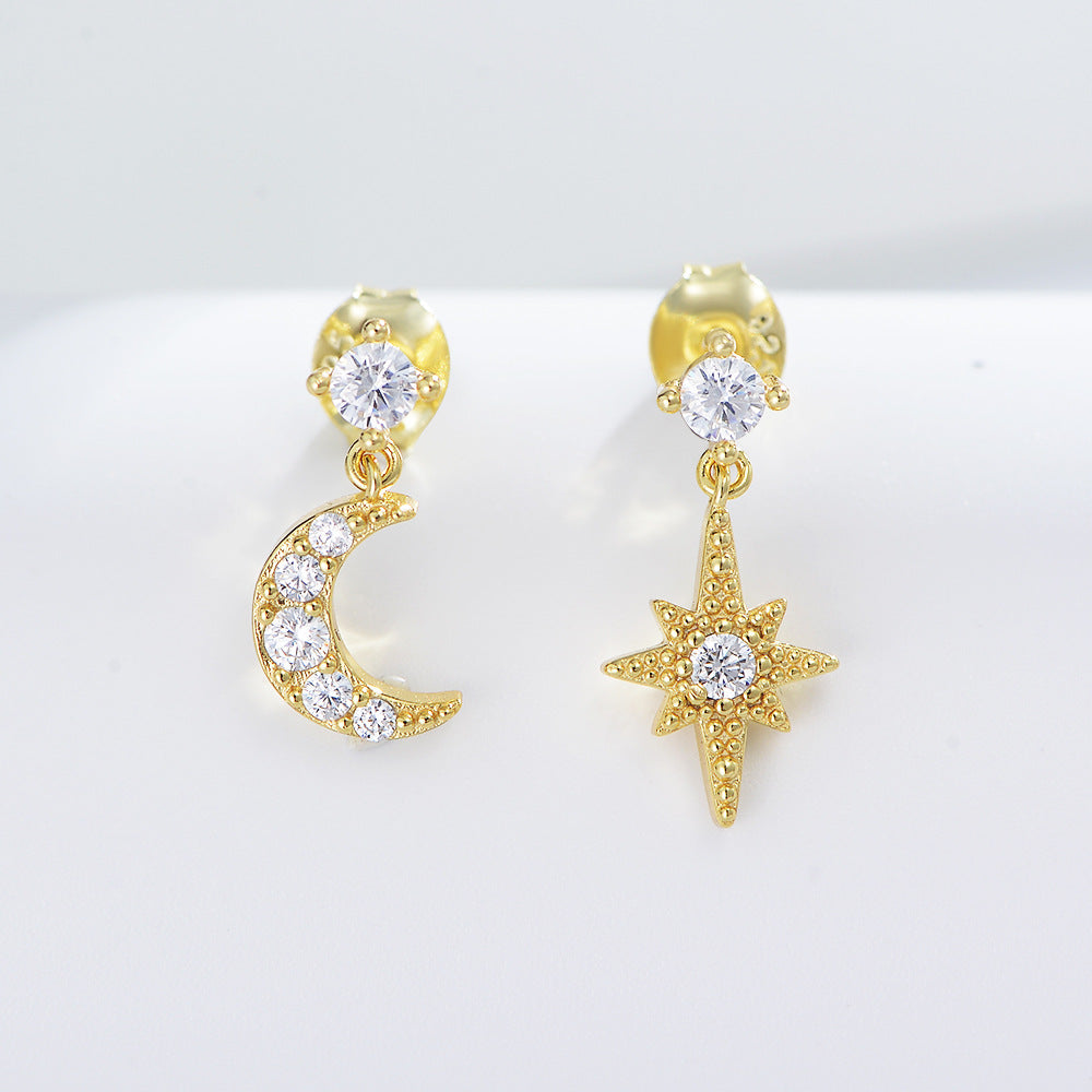 Zircon Star Moon Asymmetric Silver Drop Earrings for Women