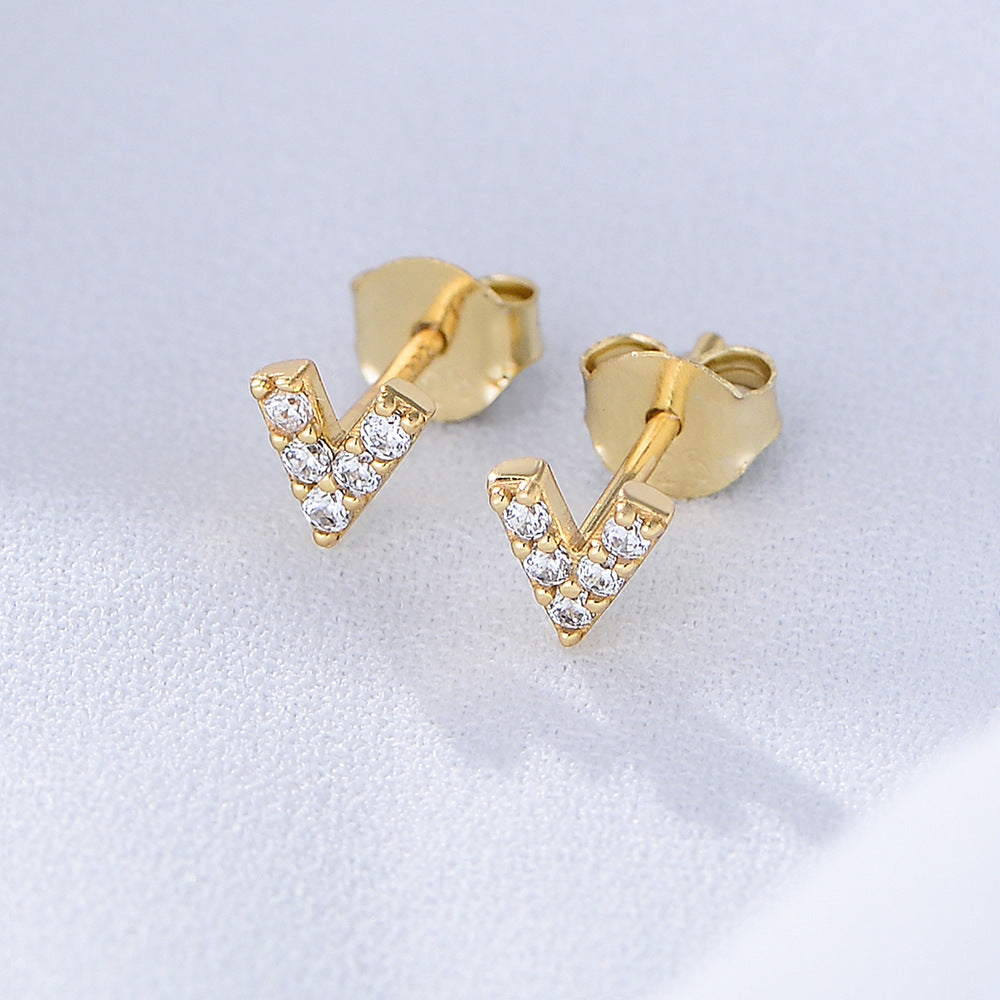 V Letter Zircon Silver Studs Earrings for Women