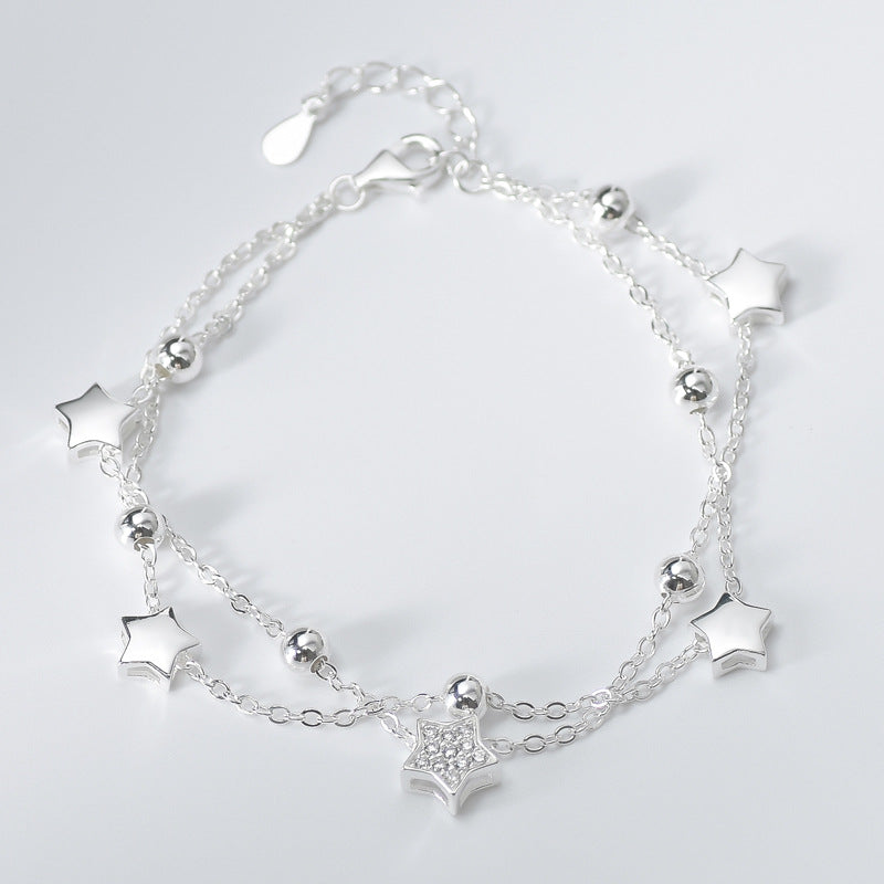 Double-chain Beading Star and Round Beads Silver Bracelet for Women