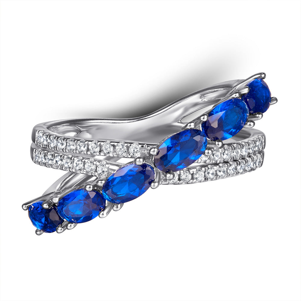 Blue Oval Zircon X-shape Silver Ring for Women