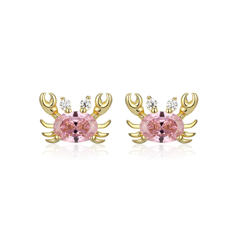 Pink Zircon Small Crab Silver Studs Earrings for Women