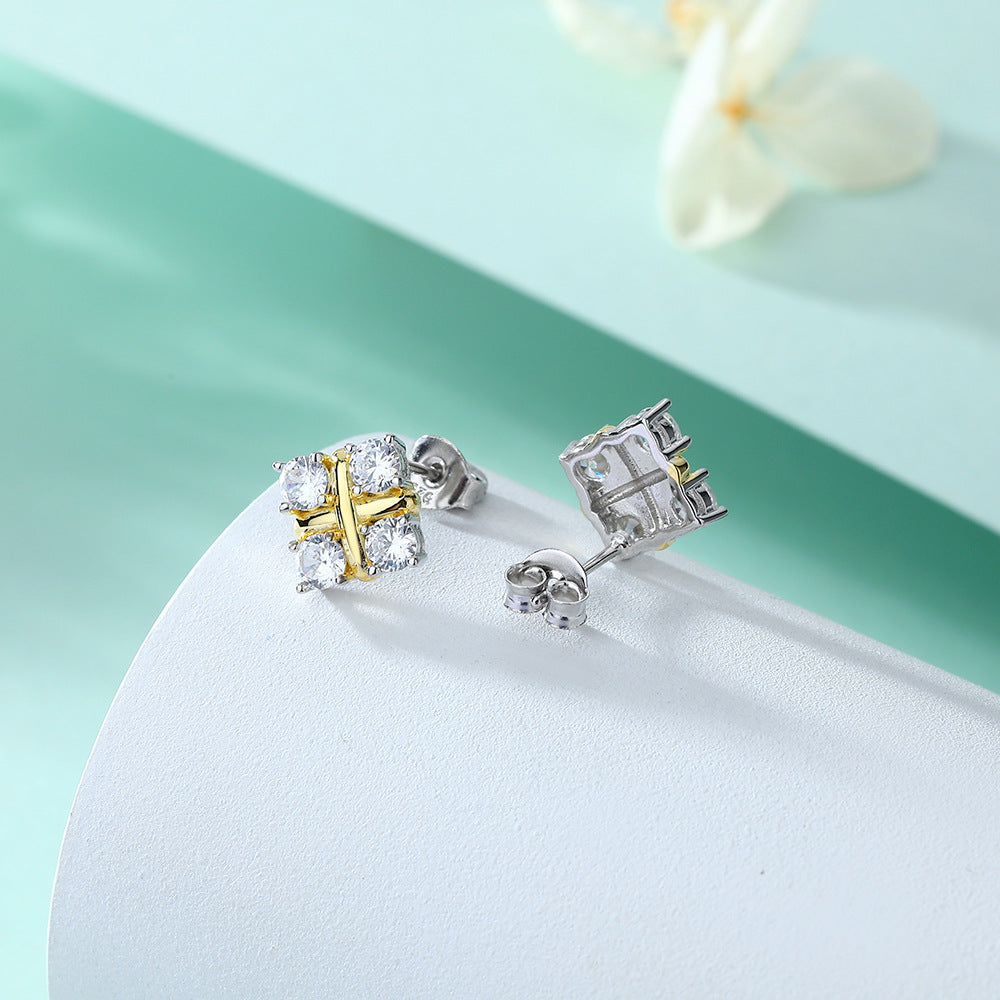 X Type with Round Zircon Square Silver Studs Earrings for Women