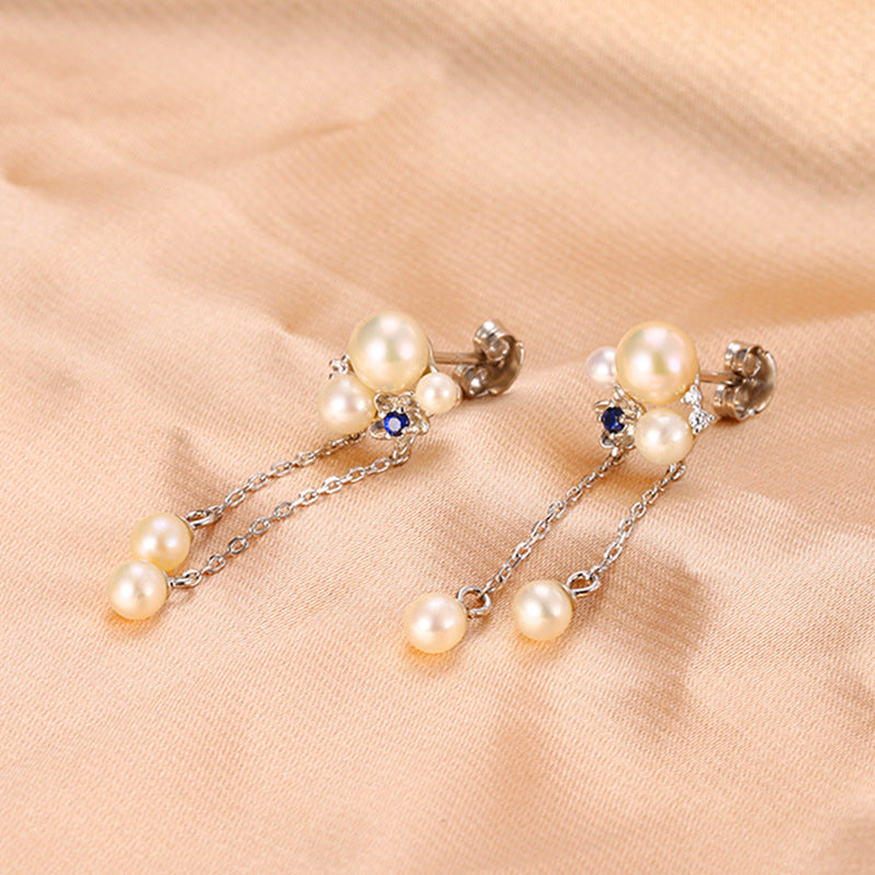 Natural Freshwater Pearl Long Tassel Silver Drop Earrings for Women