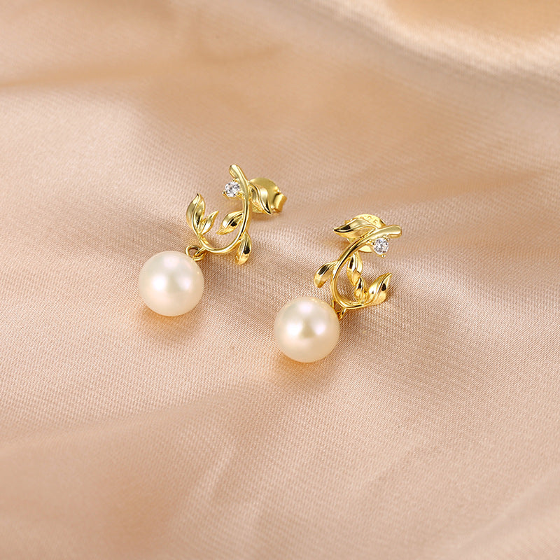 Olive Branch with Natural Pearl Silver Drop Earrings for Women