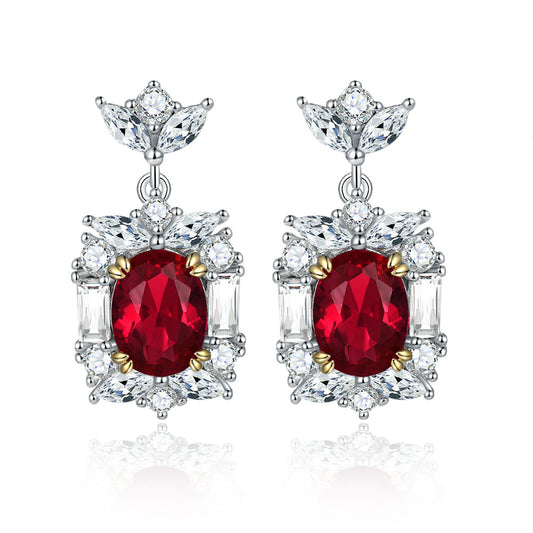 Oval Red Zircon Rectangle Silver Drop Earrings for Women