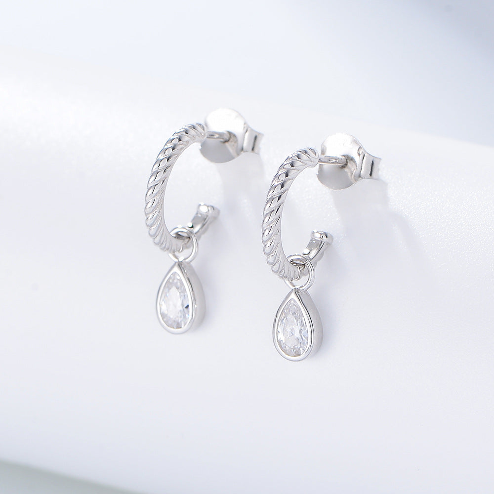 Water Drop Zircon C-shaped Silver Drop Earrings for Women