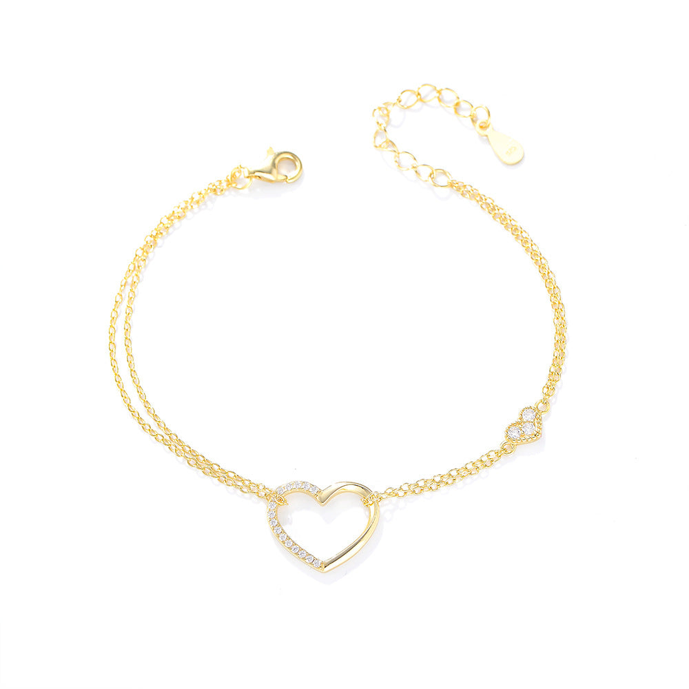 Heart-shaped with Half Zircon Silver Double-layer Bracelet for Women