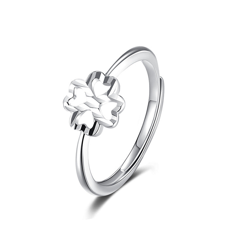 Hollow Four-leaf Lucky Grass Silver Ring for Women