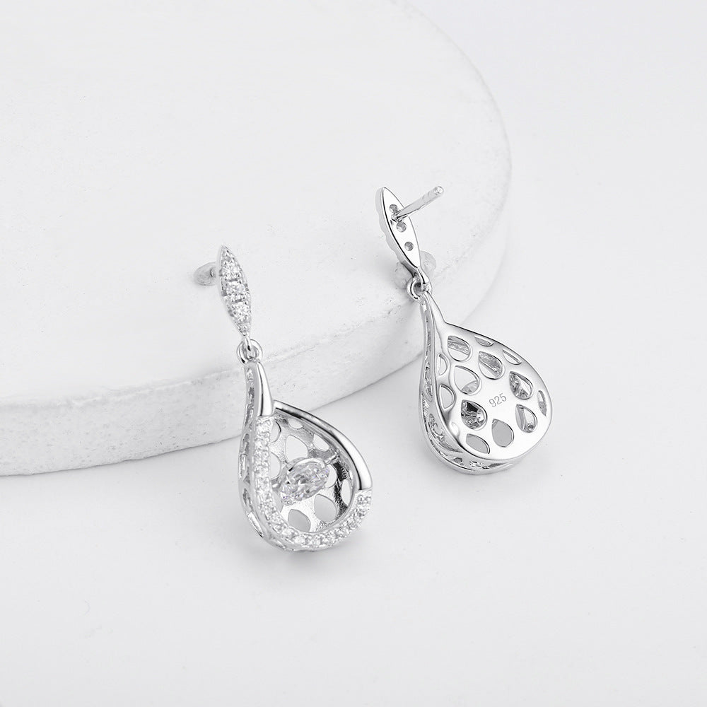 Geometric Pear Drop Hollow Zircon Silver Drop Earrings for Women