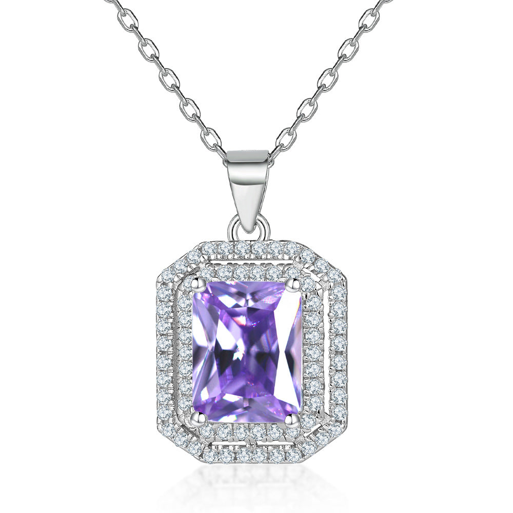 Rectangular Zircon Soleste Halo Pendant Silver Necklace for Women