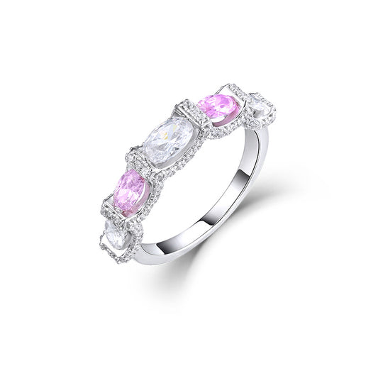 Oval White and Pink Zircon Silver Ring for Women