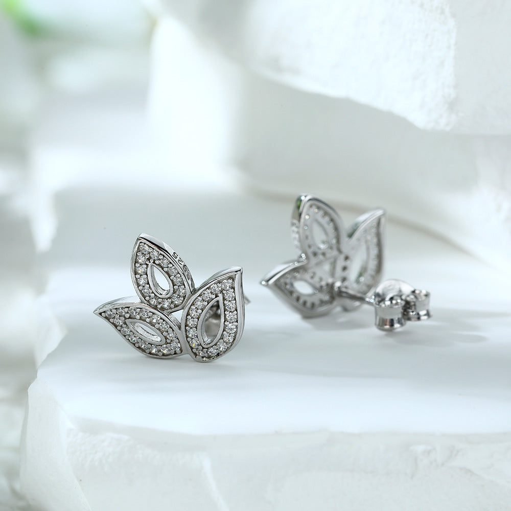 Zircon Leaf Silver Studs Earrings for Women