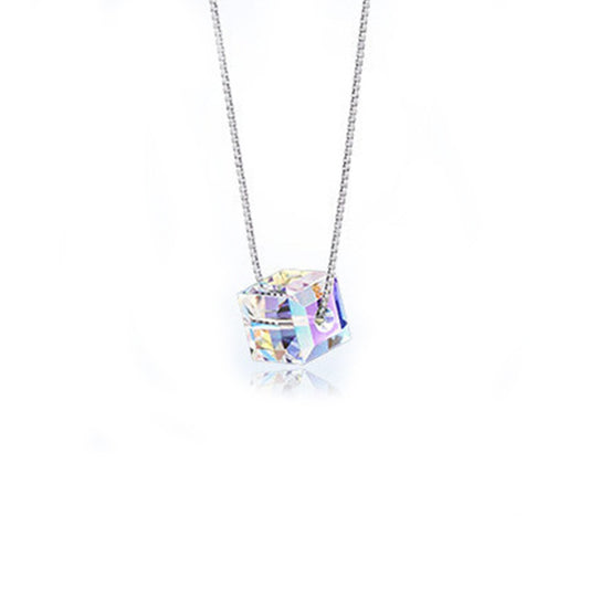 White Crystal Square Cube Pendant Silver Necklace for Women