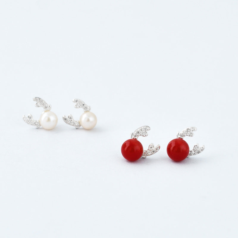 Pearl Deer with Zircon Antler Silver Stud Earrings for Women