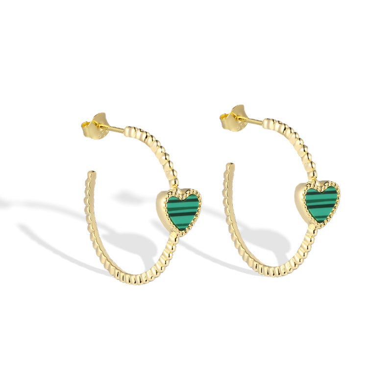 Malachite Heart C-shape Silver Studs Earrings for Women