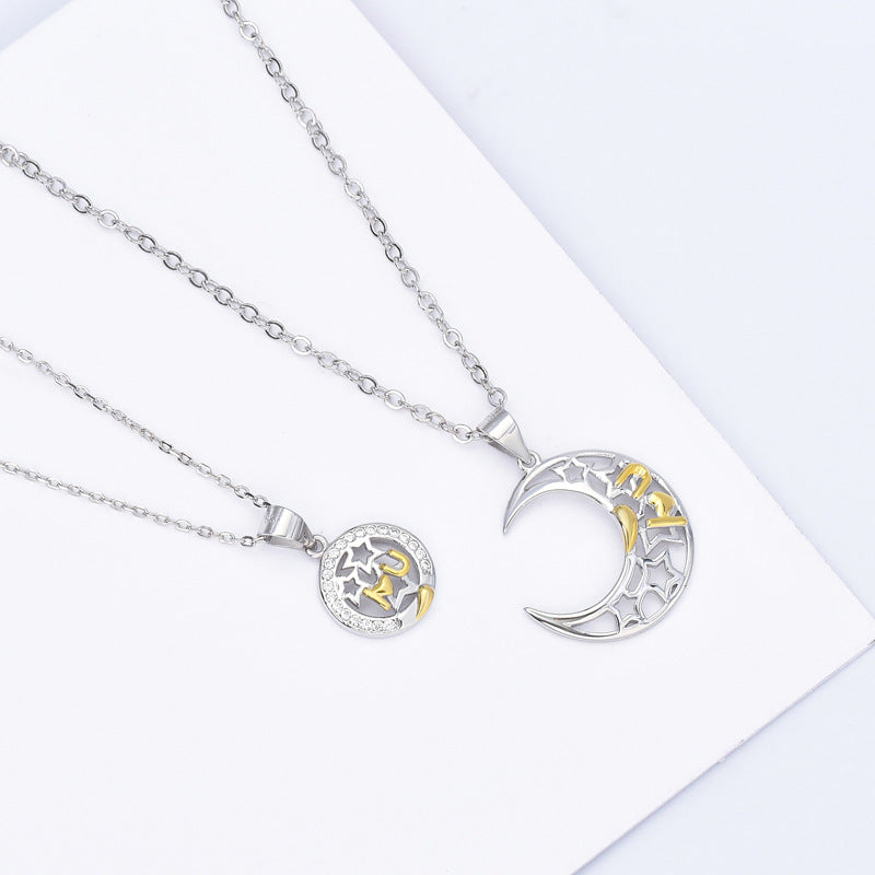 Hollow Moon and Hollow Circle with Zircon and Star Silver Couple Necklace for Women