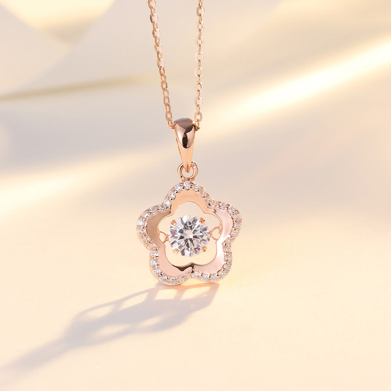 Round Zircon Five-petal Flower Pendant Silver Necklace for Women