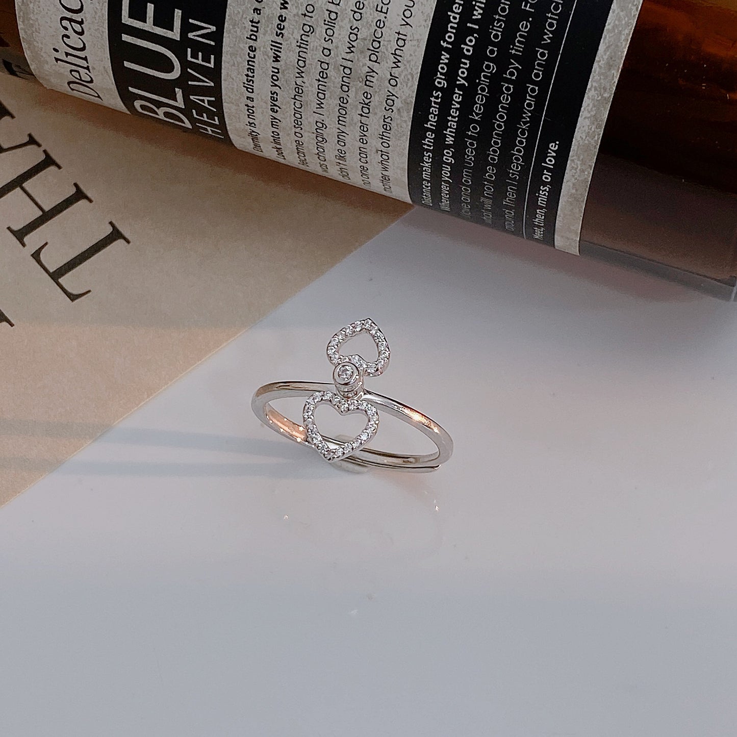 Rotatable Double Zircon Heart Silver Ring