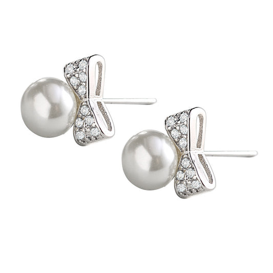 Bow with Pearl Bead Silver Studs Earrings for Women