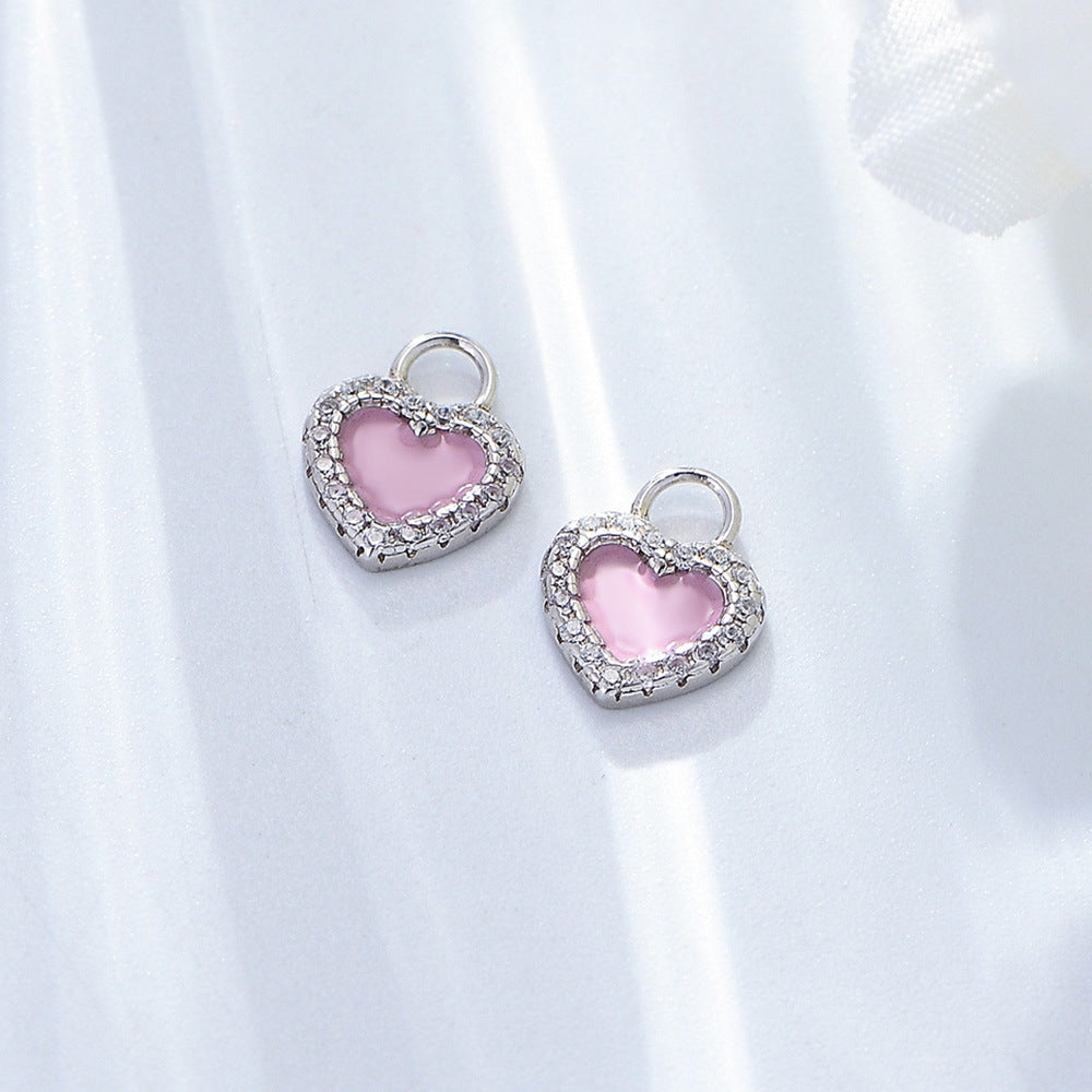 Pink Heart-shaped with Zircon Pendant Silver Drop Earrings for Women