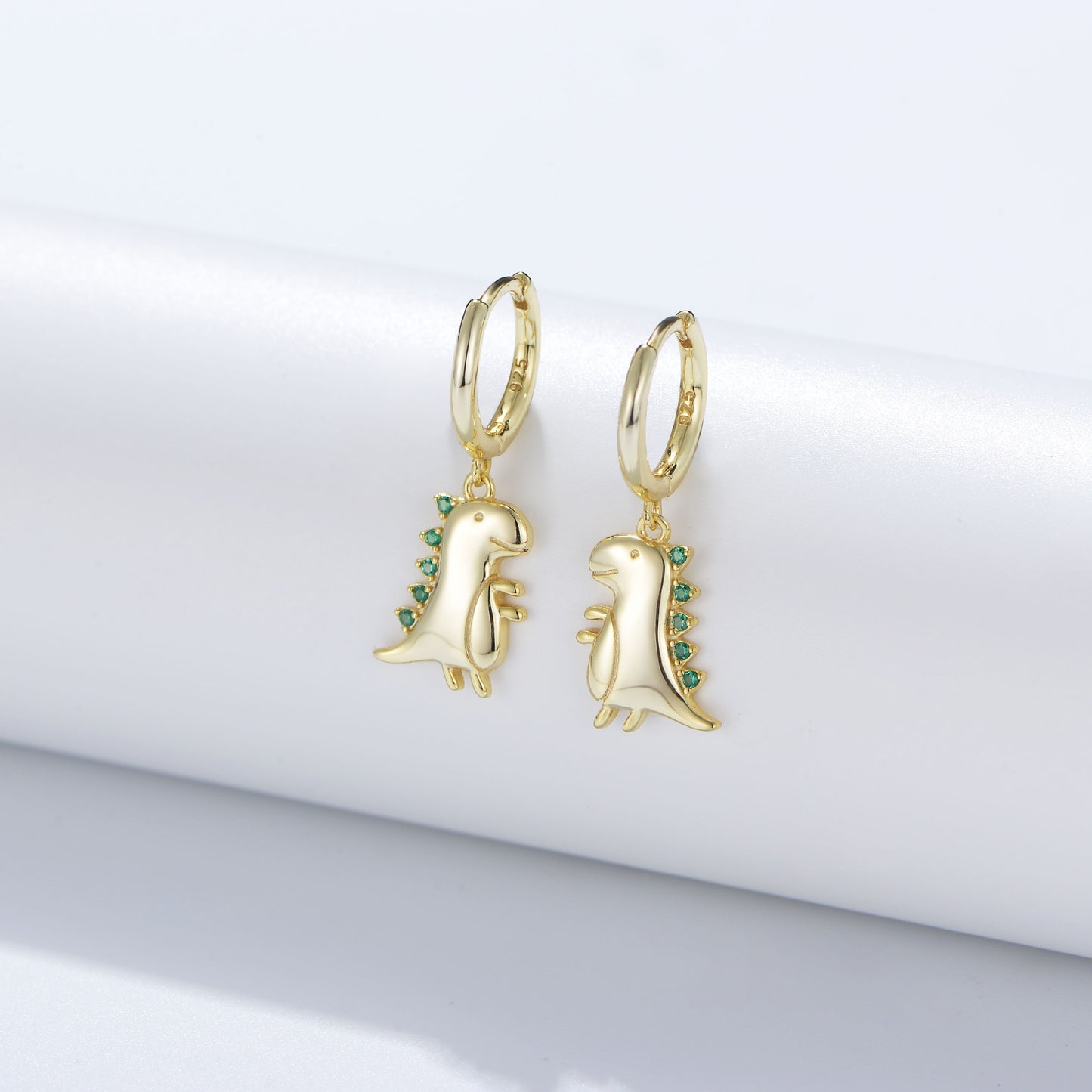 Small Dinosaur with Green Zircon Silver Hoop Earrings for Women