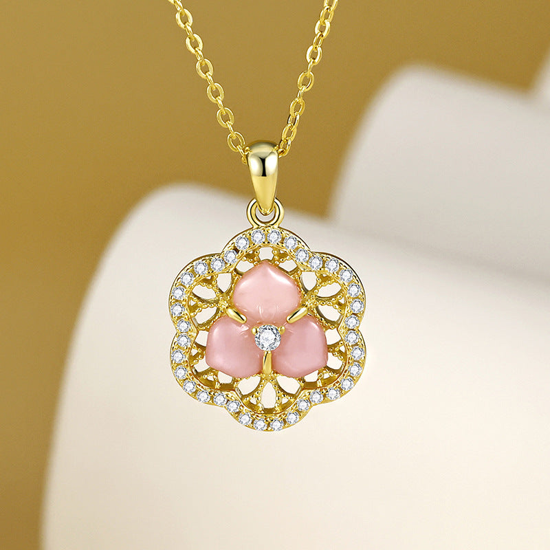 Pink Mother-of-pearl Hollow Flower with Zircon Pendant Silver Necklace for Women