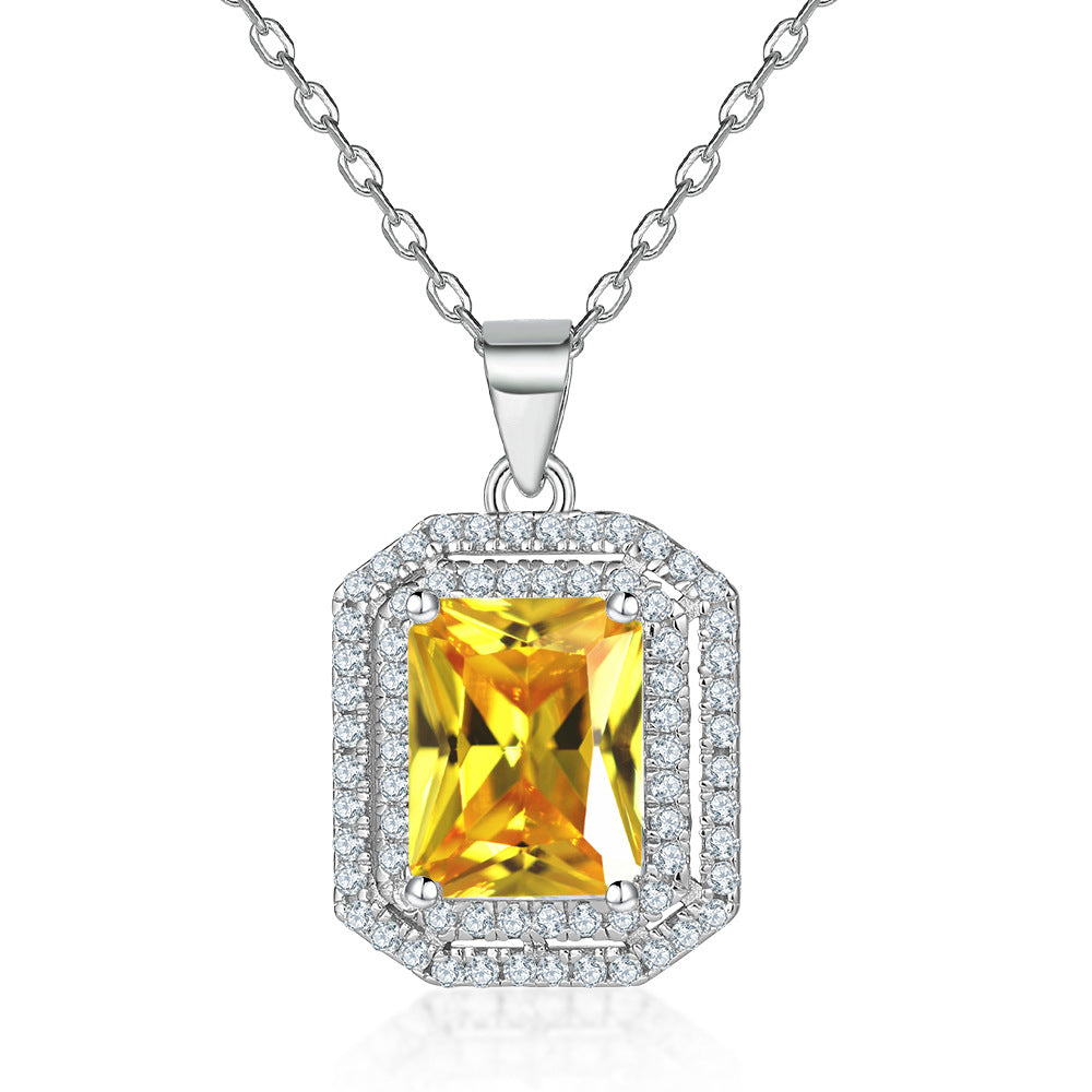 Rectangular Zircon Soleste Halo Pendant Silver Necklace for Women