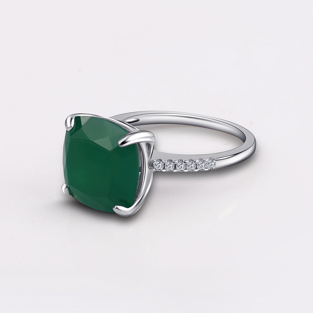 European Natural Green Agate Square Four Prongs Solitaire Sterling Silver Ring for Women