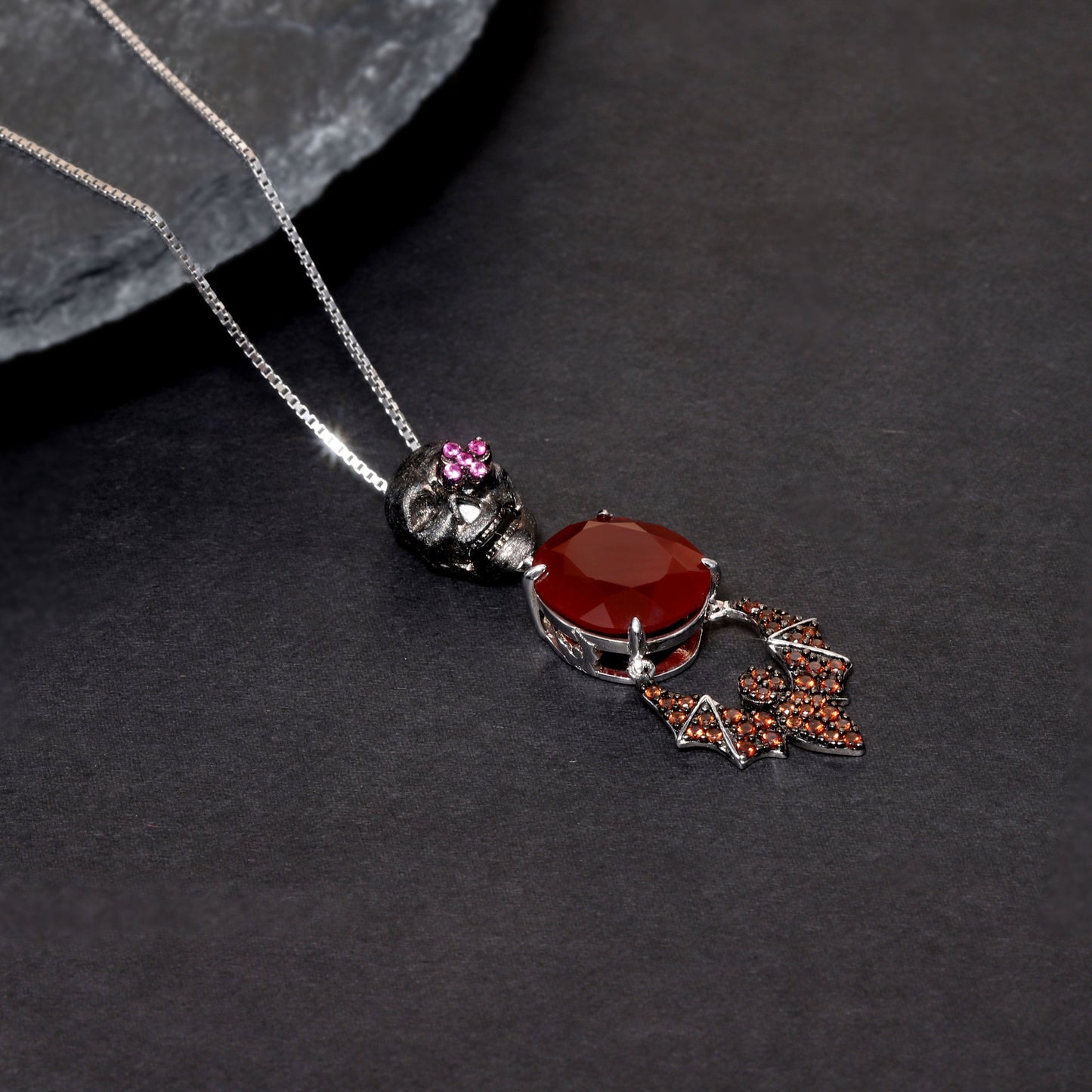 Dark Vintage Skull Bat Design with Red Agate Pendant Silver Necklace for Women