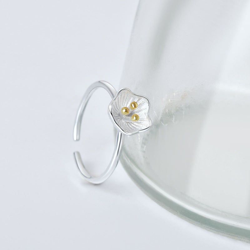 Flower with Gold Colour Stamen Silver Ring for Women