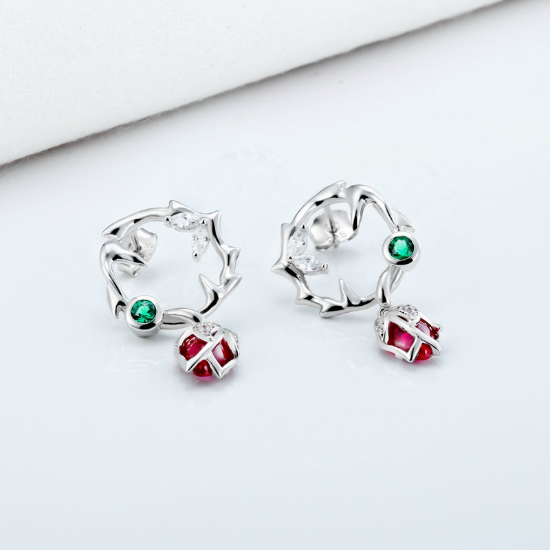 Circle Thorn Rose Red Corundum with Zircon Silver Drop Earrings for Women