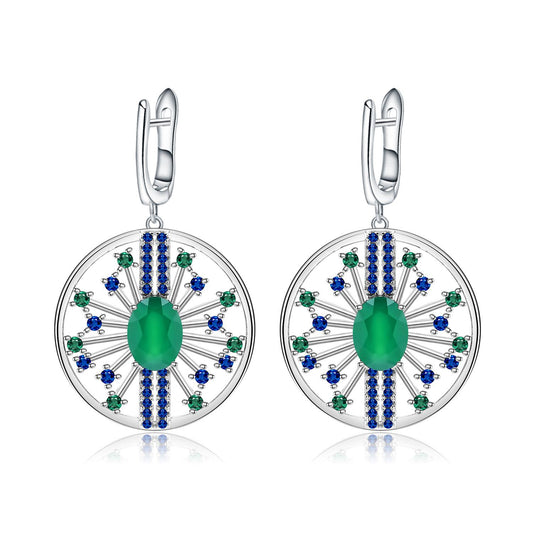 Luxury Fashion Design Inlaid Green Agate Circle Sterling Silver Drop Earrings for Women