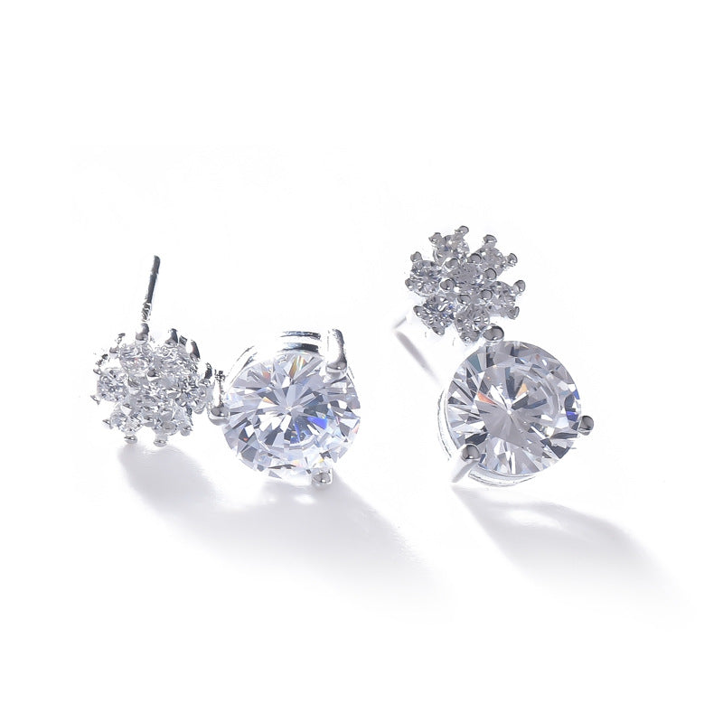 Round Zircon with Flower Silver Stud Earrings for Women