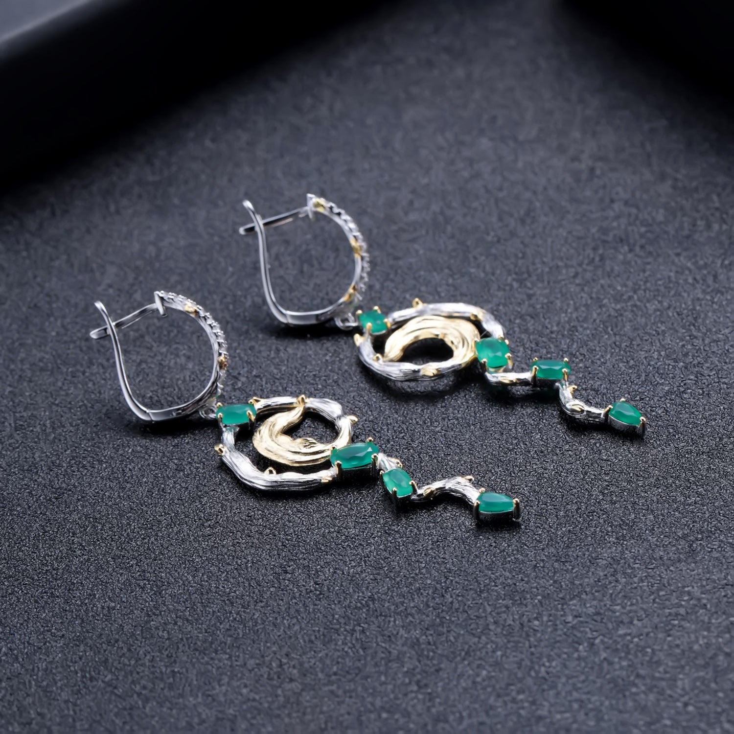 Natural Green Agate Creative Shape Sterling Silver Drop Earrings for Women