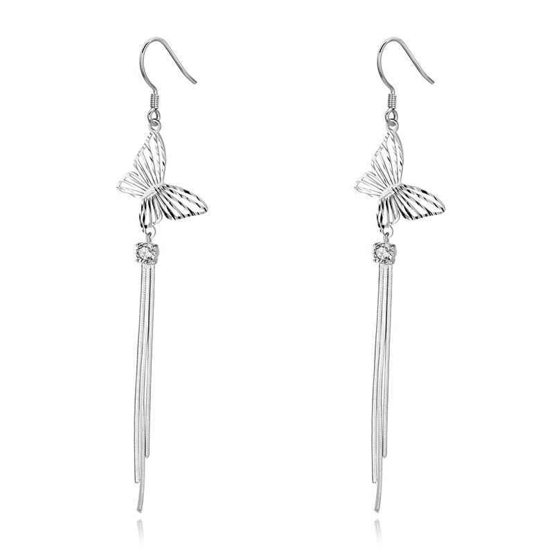 Hollow Butterfly with Zircon Tassel Earline Silver Drop Earrings for Women