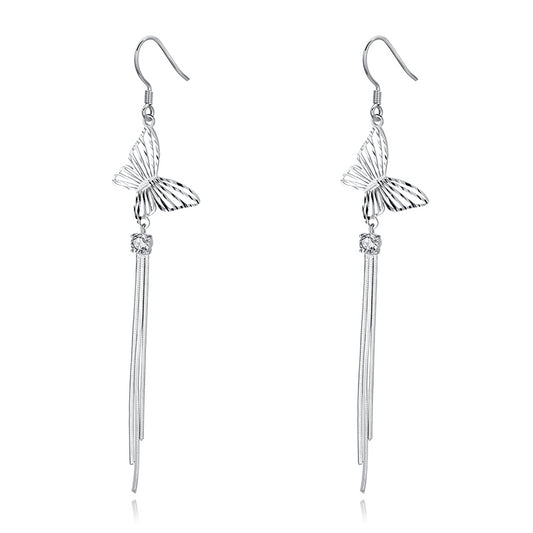 Hollow Butterfly with Zircon Tassel Earline Silver Drop Earrings for Women