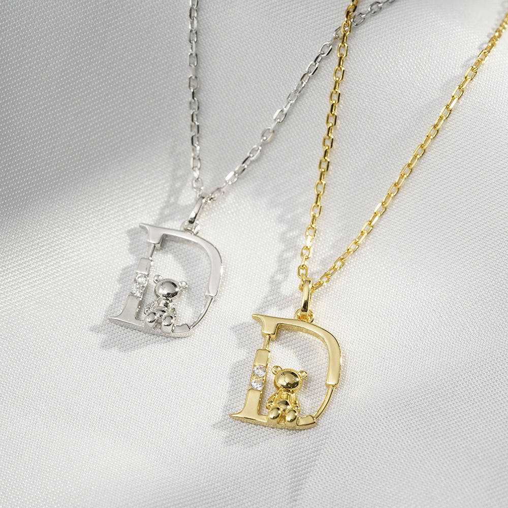 (Two Colours) Letter D with Little Bear Pendants 925 Silver Collarbone Necklace for Women