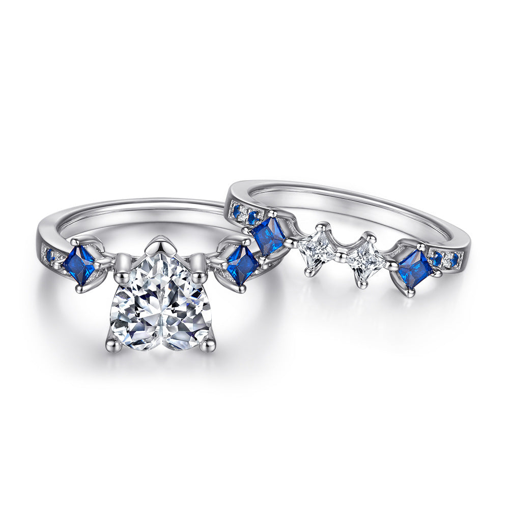 Heart-shaped Zircon with Square Blue Zircon Silver Ring Set for Women