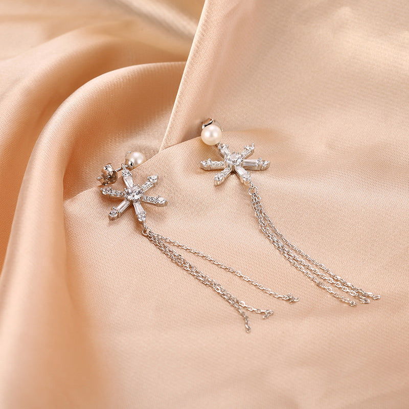 Zircon Six-pointed Star with Pearl Tassel Silver Drop Earrings for Women