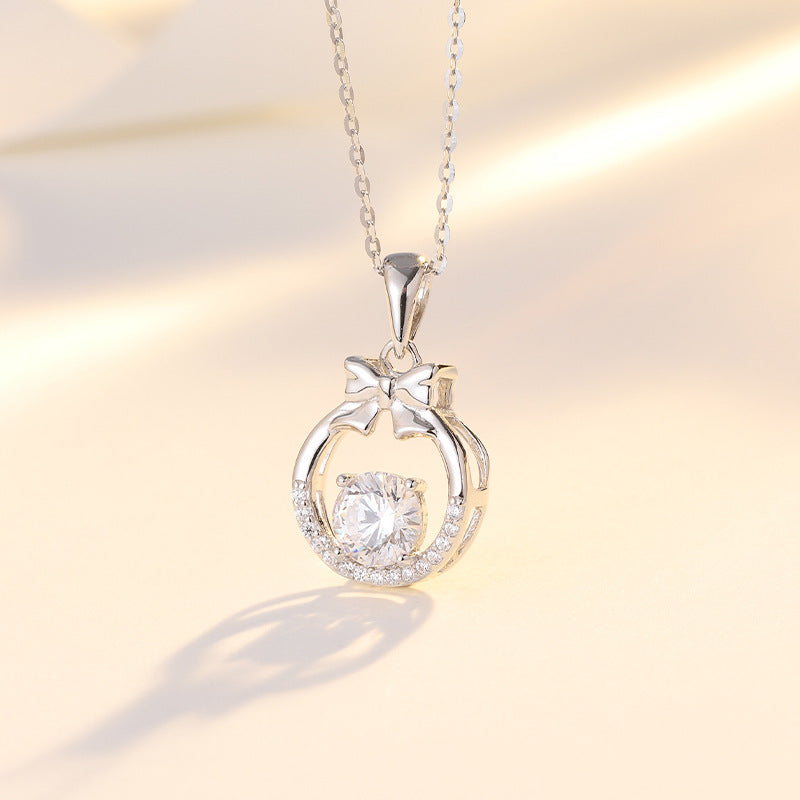 Round Zircon Hollow Circle with Bow Pendant Silver Necklace for Women